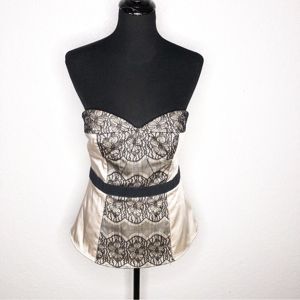 Tracy Reese champagne satin black lace strapless bustier top size 12